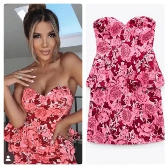 Zara pink white floral jacquard mini dress - Picture 6 of 14